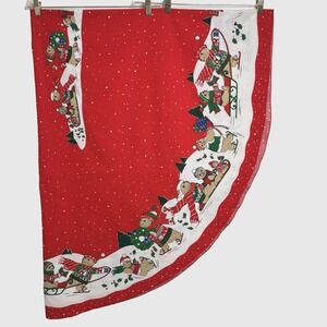 Vtg Christmas Tablecloth Oval 60x84 Bears Sledding Skating Red Holiday Sunweave